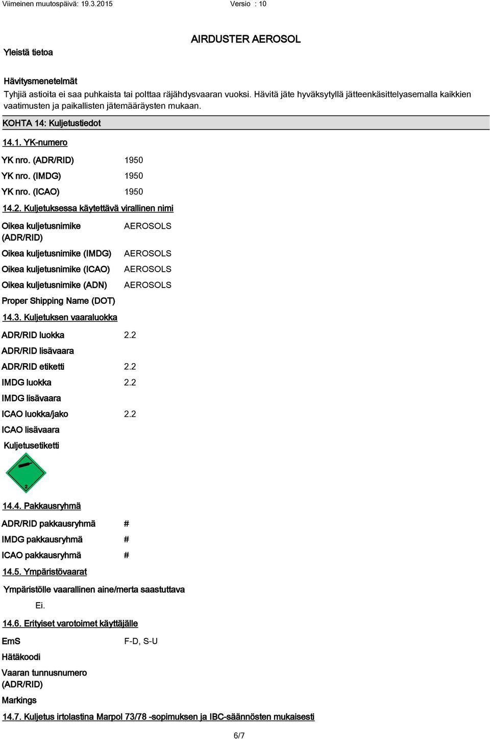 (IMDG) 1950 YK nro. (ICAO) 1950 14.2.