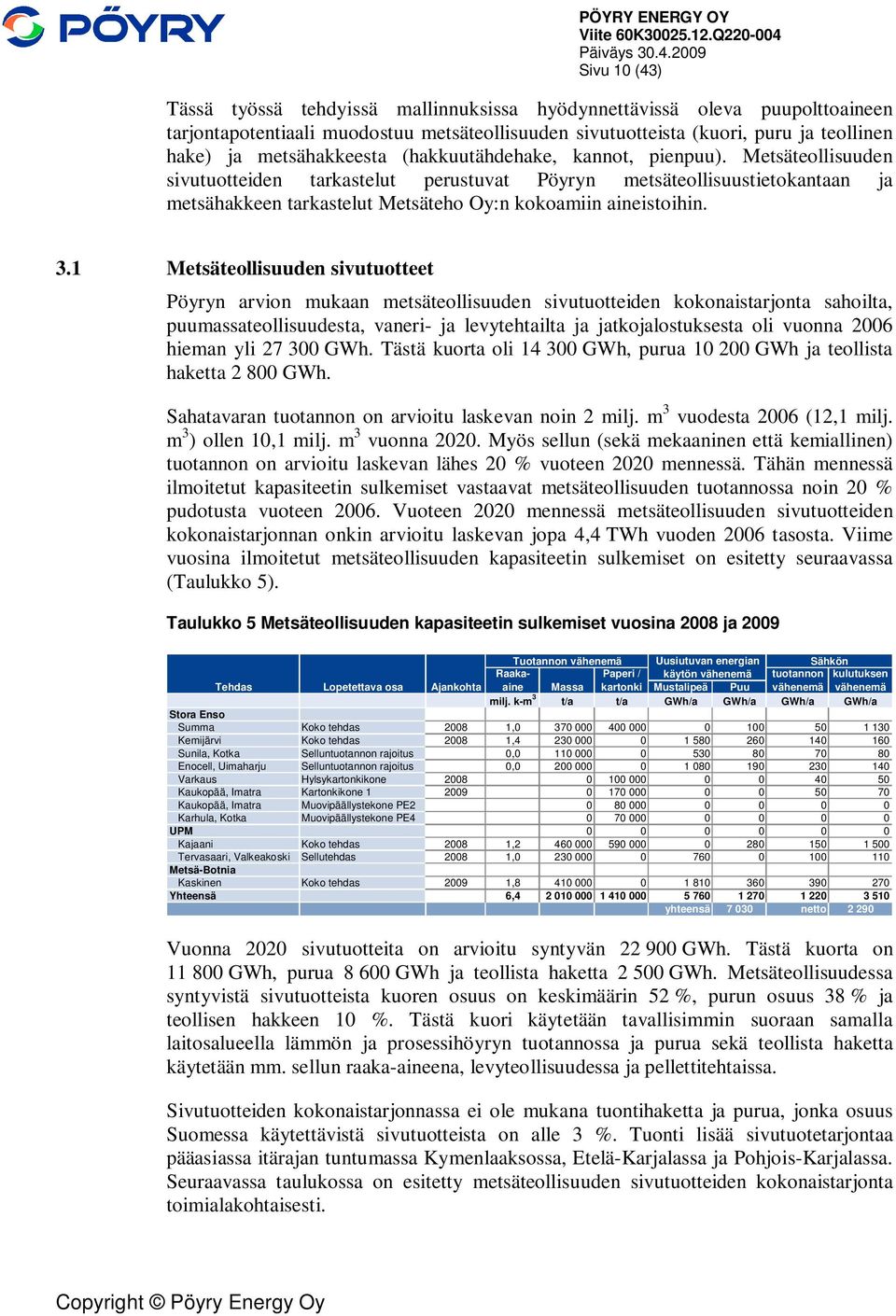 Metsäteollisuuden sivutuotteiden tarkastelut perustuvat Pöyryn metsäteollisuustietokantaan ja metsähakkeen tarkastelut Metsäteho Oy:n kokoamiin aineistoihin. 3.