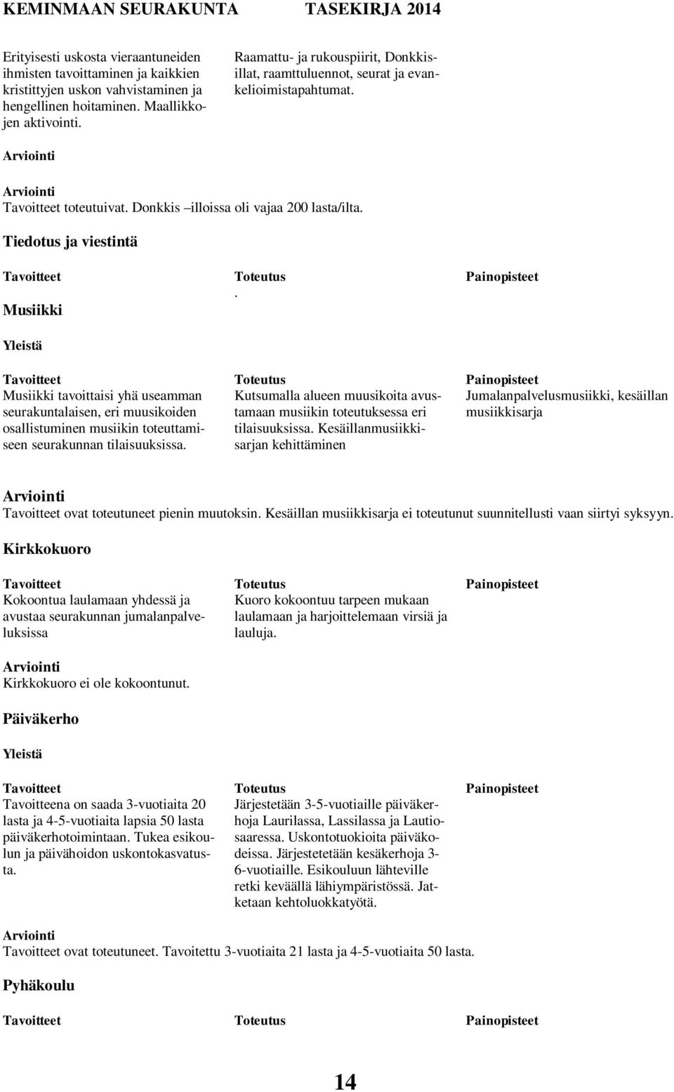 Tiedotus ja viestintä Tavoitteet Musiikki Yleistä Tavoitteet Musiikki tavoittaisi yhä useamman seurakuntalaisen, eri muusikoiden osallistuminen musiikin toteuttamiseen seurakunnan tilaisuuksissa.