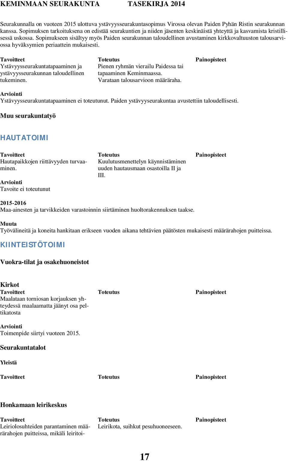 Sopimukseen sisältyy myös Paiden seurakunnan taloudellinen avustaminen kirkkovaltuuston talousarviossa hyväksymien periaattein mukaisesti.