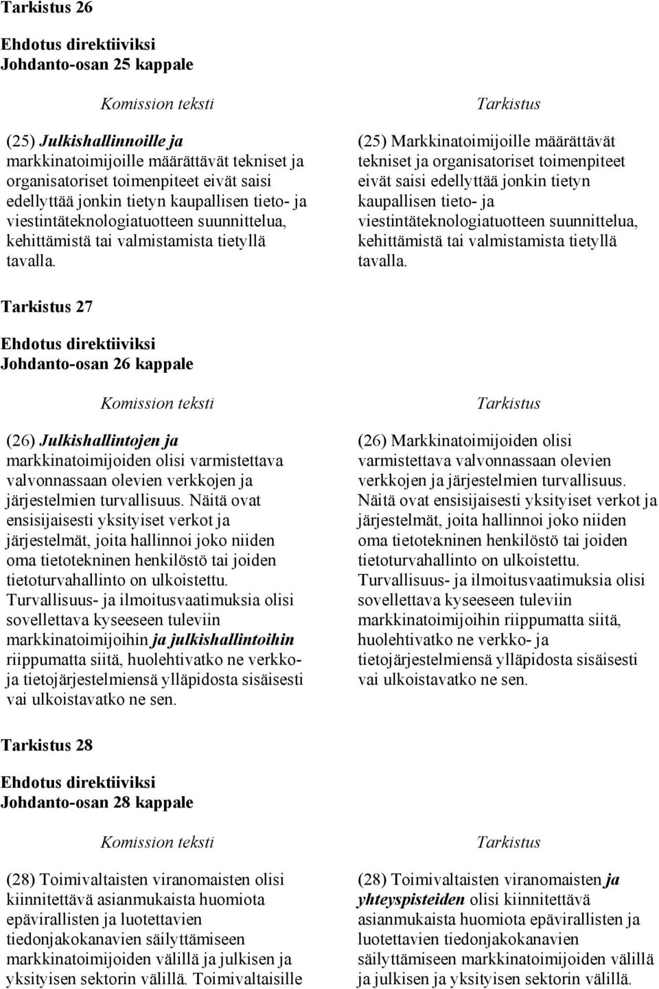 (25) Markkinatoimijoille määrättävät tekniset ja organisatoriset toimenpiteet eivät saisi edellyttää jonkin tietyn kaupallisen tieto- ja  27 Johdanto-osan 26 kappale (26) Julkishallintojen ja