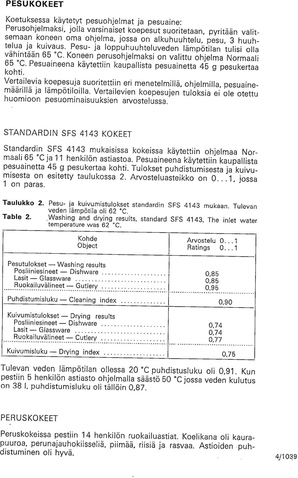 Pesuaineena käytettiin kaupallista pesuainetta 45 g pesukertaa kohti. Vertailevia koepesuja suoritettiin eri menetelmillä, ohjelmilla, pesuainemäärillä ja lämpötiloilla.