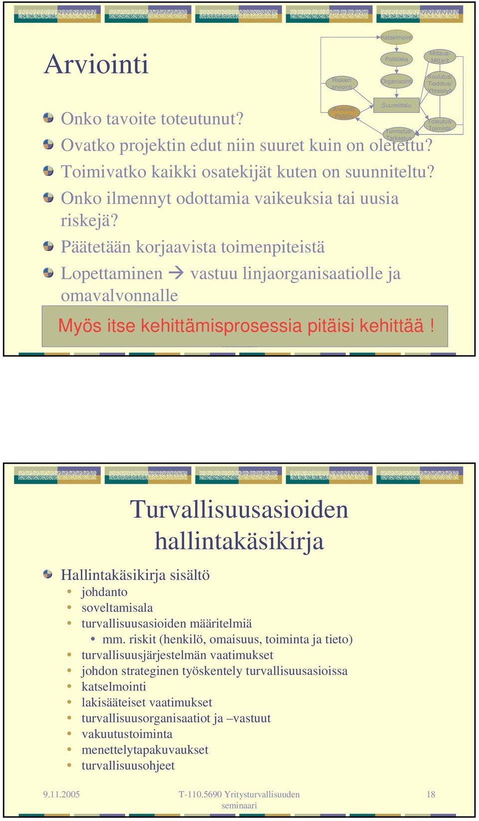 Päätetään korjaavista toimenpiteistä Lopettaminen vastuu linjaorganisaatiolle ja omavalvonnalle Myös itse kehittämisprosessia pitäisi kehittää!