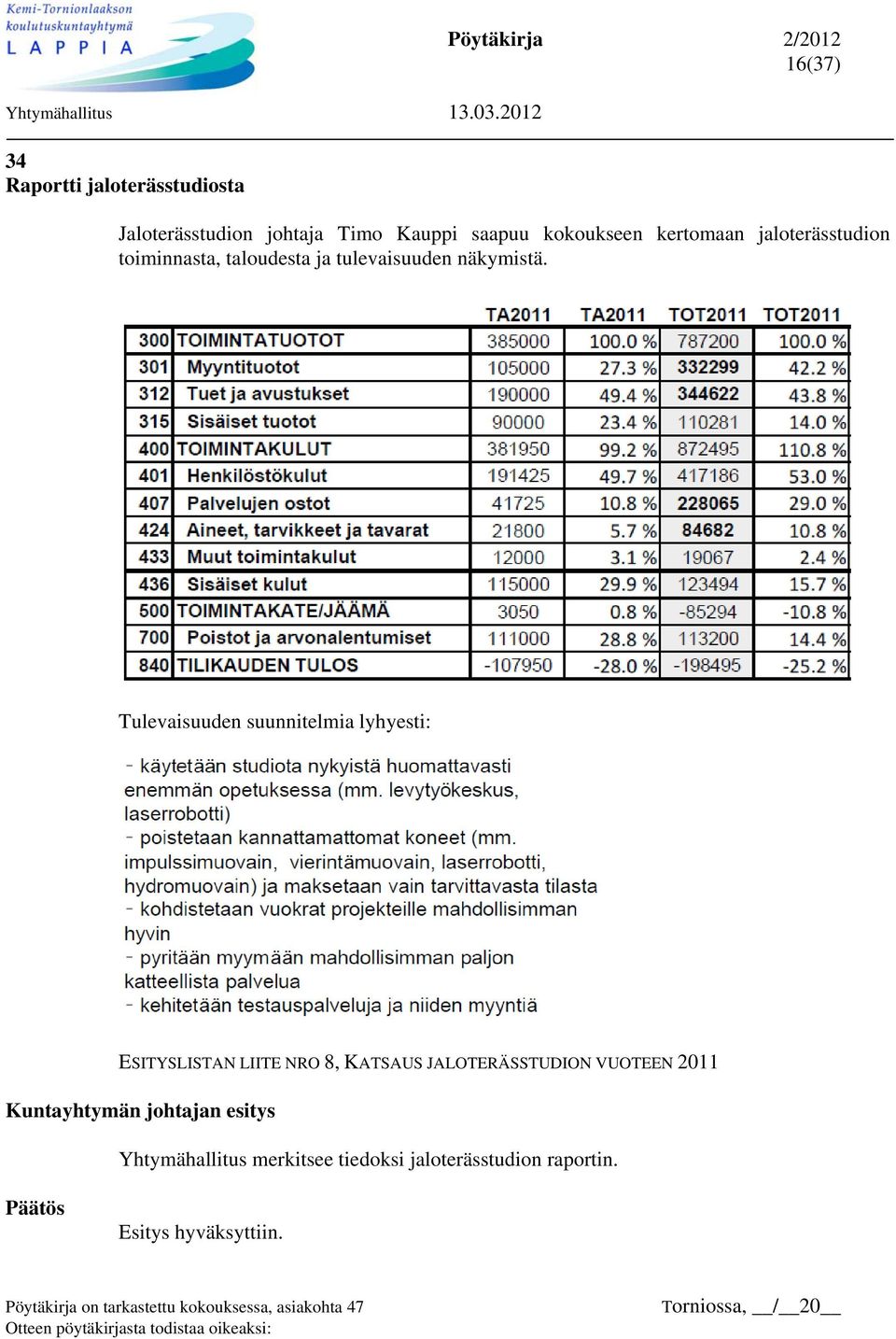 Tulevaisuuden suunnitelmia lyhyesti: ESITYSLISTAN LIITE NRO 8, KATSAUS JALOTERÄSSTUDION