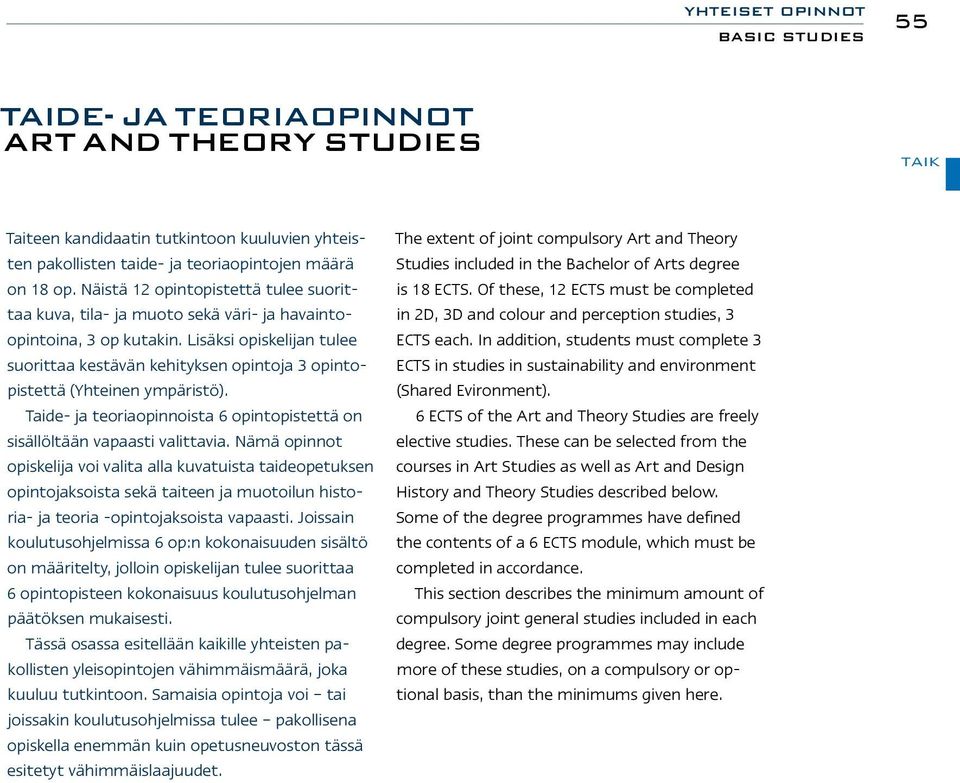 Lisäksi opiskelijan tulee suorittaa kestävän kehityksen opintoja 3 opintopistettä (Yhteinen ympäristö). Taide- ja teoriaopinnoista 6 opintopistettä on sisällöltään vapaasti valittavia.
