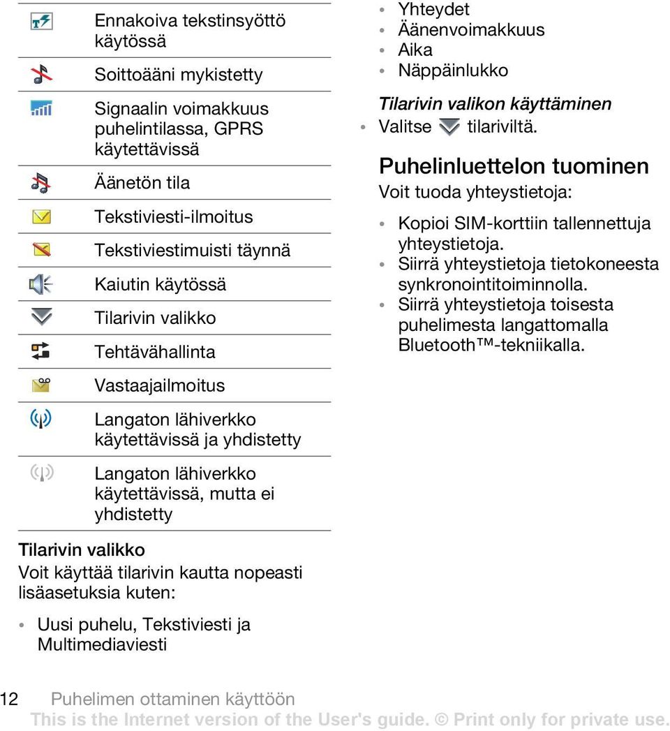 valikon käyttäminen Valitse tilariviltä. Puhelinluettelon tuominen Voit tuoda yhteystietoja: Kopioi SIM-korttiin tallennettuja yhteystietoja.