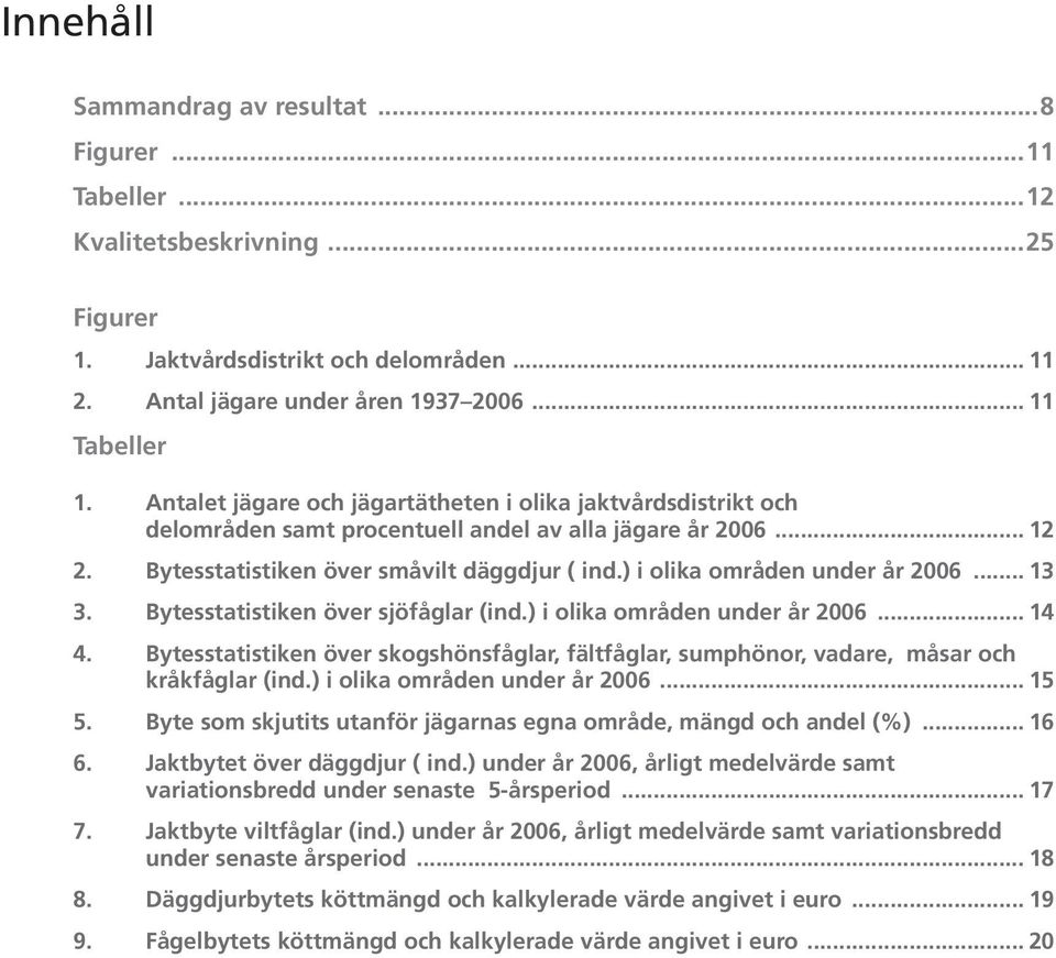 ) i olika områden under år 2006... 13 3. Bytesstatistiken över sjöfåglar (ind.) i olika områden under år 2006... 14 4.