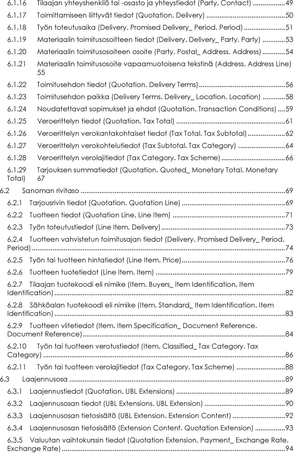 .. 54 6..2 Materiaalin toimitusosoite vapaamuotoisena tekstinä (Address. Address Line) 55 6..22 Toimitusehdon tiedot (Quotation. Delivery Terms)... 56 6..23 Toimitusehdon paikka (Delivery Terms.