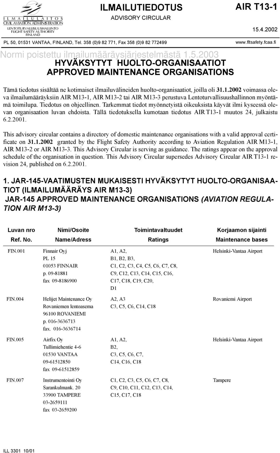 fltsafety.fcaa.fi Tämä tiedotus sisältää ne kotimaiset ilmailuvälineiden huolto-organisaatiot, joilla oli 31.