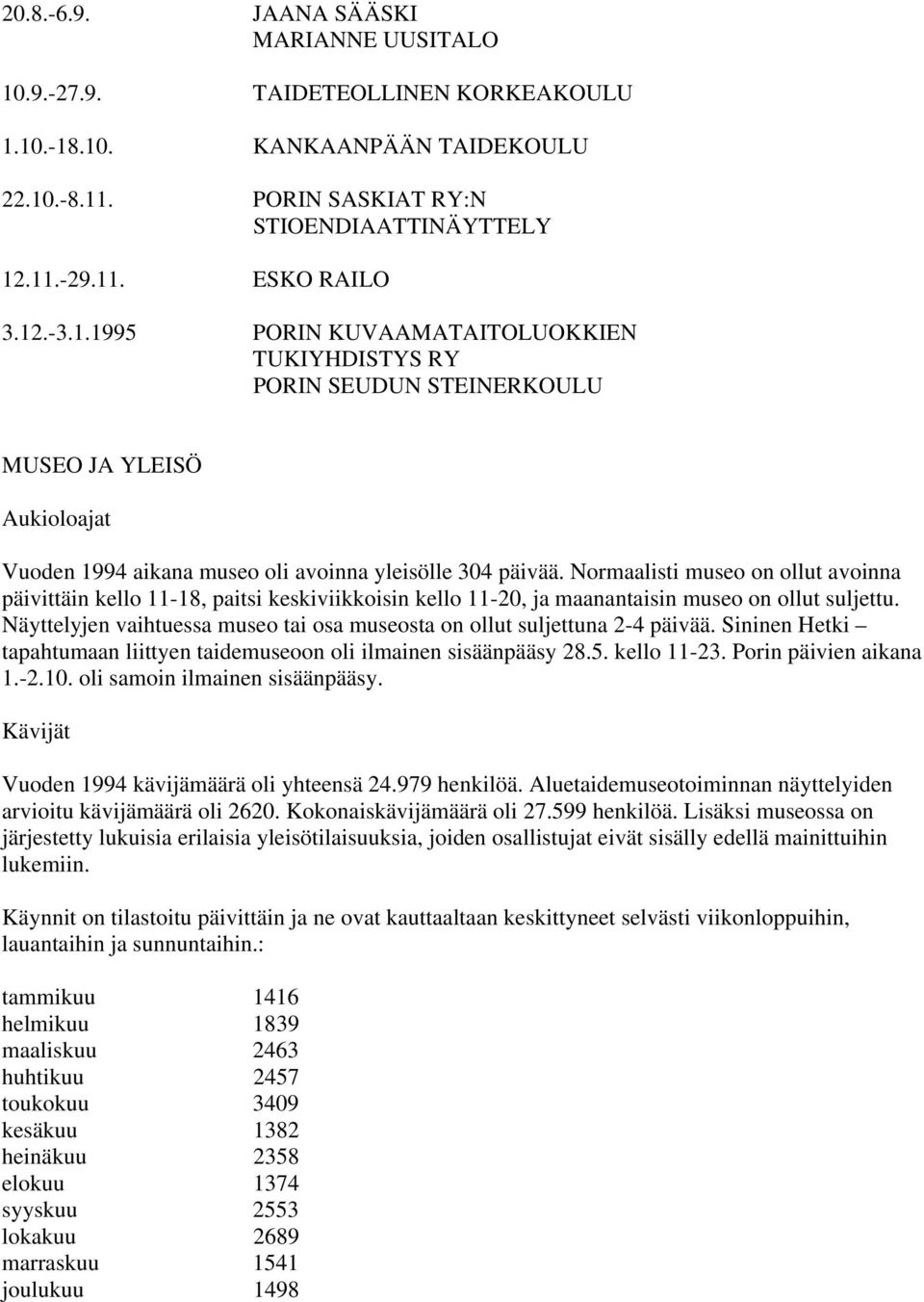 Normaalisti museo on ollut avoinna päivittäin kello 11-18, paitsi keskiviikkoisin kello 11-20, ja maanantaisin museo on ollut suljettu.