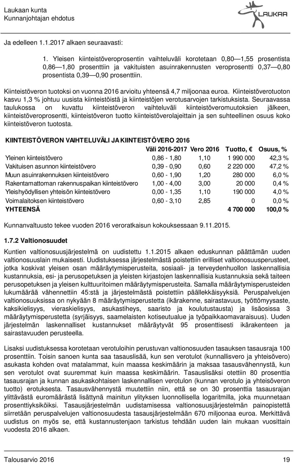 Kiinteistöveron tuotoksi on vuonna 2016 arvioitu yhteensä 4,7 miljoonaa euroa. Kiinteistöverotuoton kasvu 1,3 % johtuu uusista kiinteistöistä ja kiinteistöjen verotusarvojen tarkistuksista.