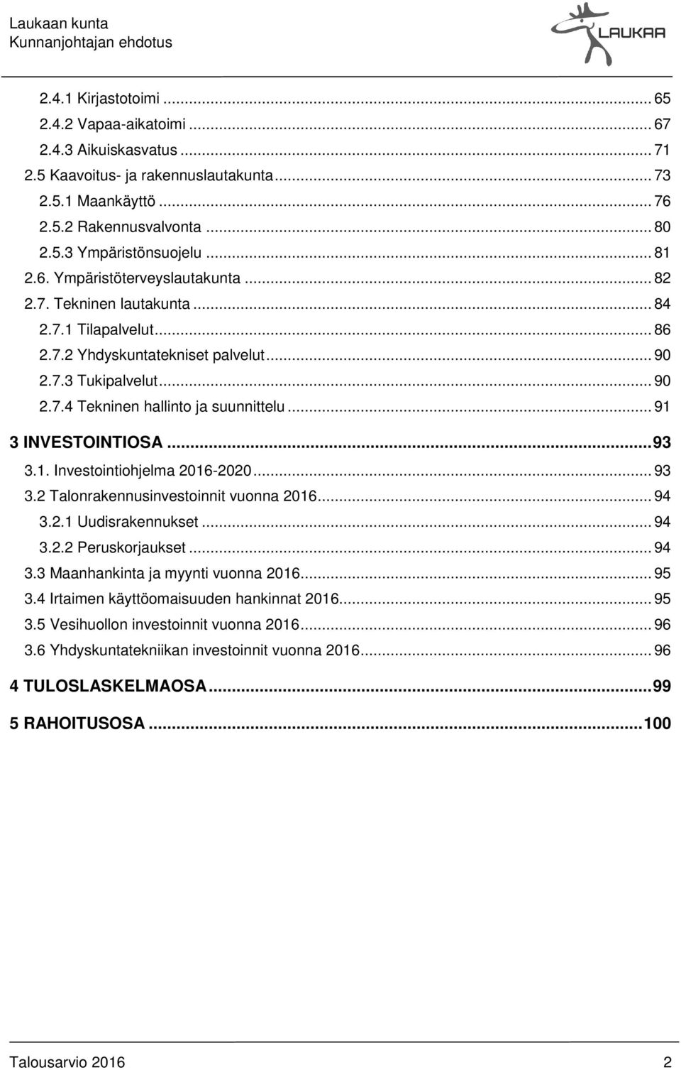 .. 91 3 INVESTOINTIOSA... 93 3.1. Investointiohjelma 2016-2020... 93 3.2 Talonrakennusinvestoinnit vuonna 2016... 94 3.2.1 Uudisrakennukset... 94 3.2.2 Peruskorjaukset... 94 3.3 Maanhankinta ja myynti vuonna 2016.