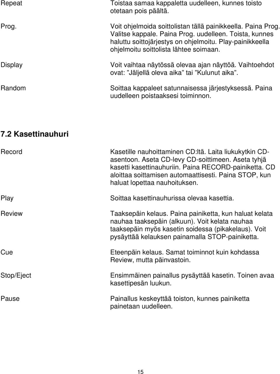 Soittaa kappaleet satunnaisessa järjestyksessä. Paina uudelleen poistaaksesi toiminnon. 7.2 Kasettinauhuri Record Play Review Cue Stop/Eject Pause Kasetille nauhoittaminen CD:ltä.