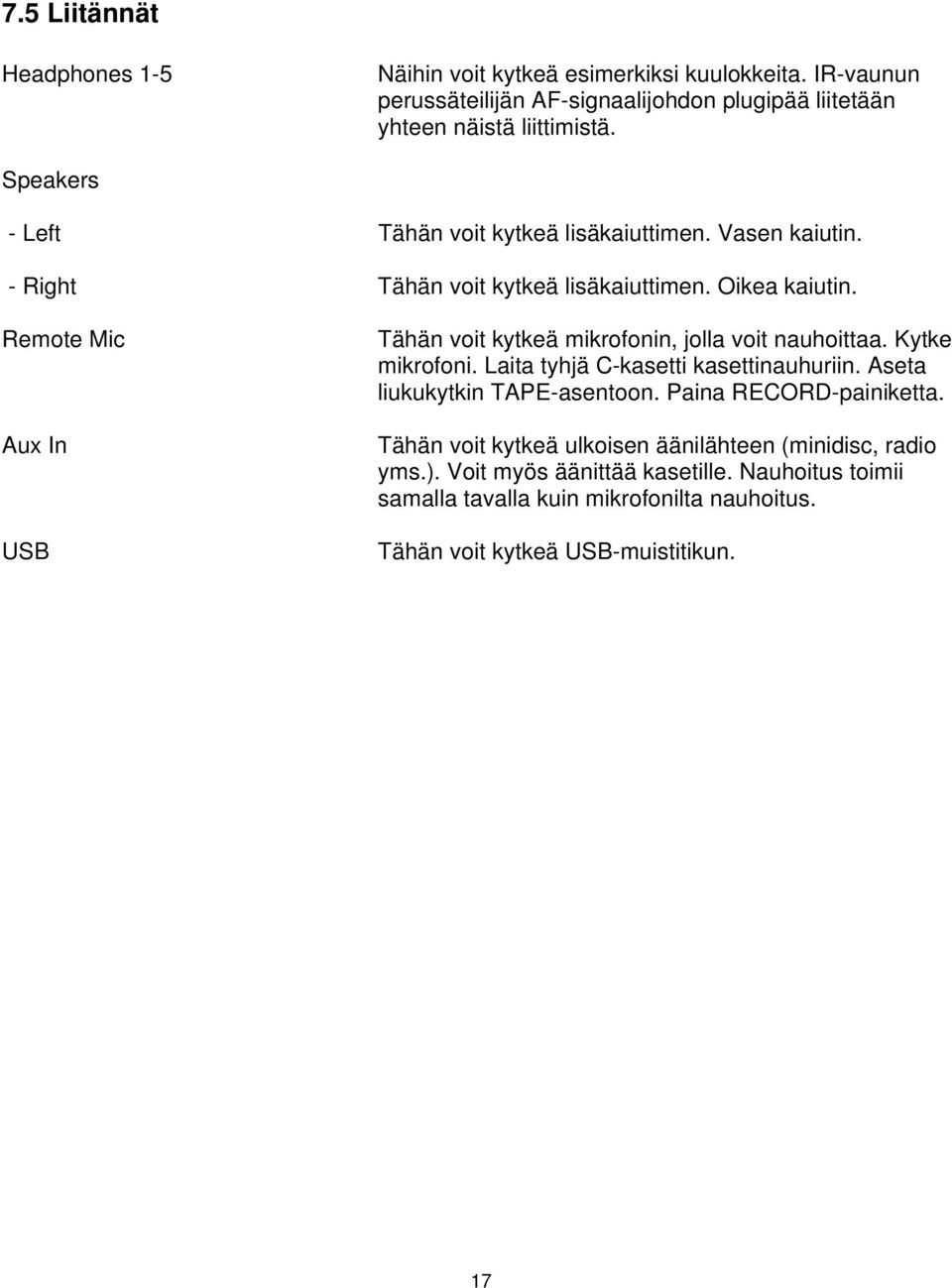 Remote Mic Aux In USB Tähän voit kytkeä mikrofonin, jolla voit nauhoittaa. Kytke mikrofoni. Laita tyhjä C-kasetti kasettinauhuriin. Aseta liukukytkin TAPE-asentoon.