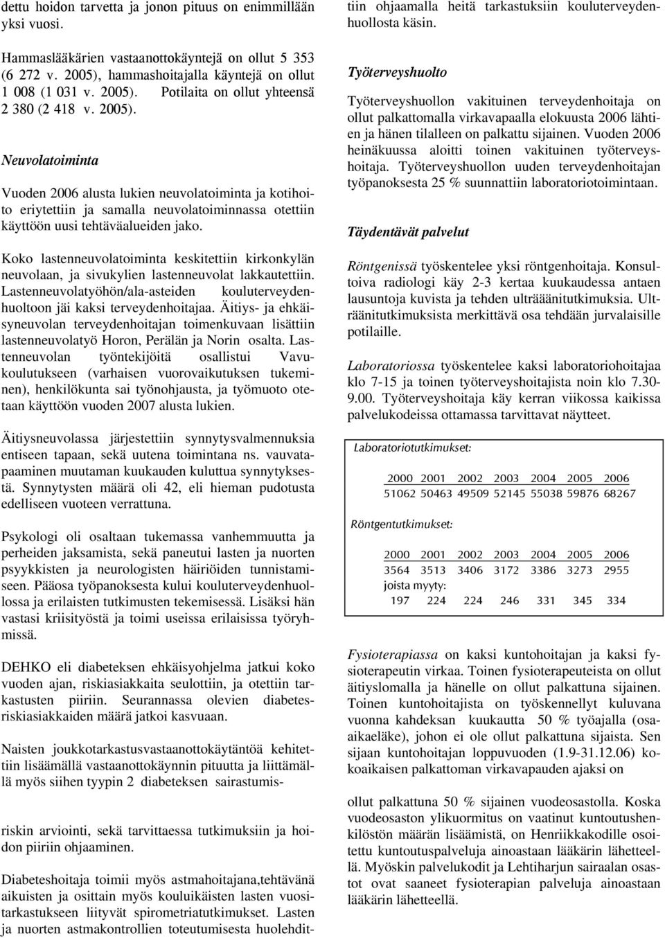 Koko lastenneuvolatoiminta keskitettiin kirkonkylän neuvolaan, ja sivukylien lastenneuvolat lakkautettiin. Lastenneuvolatyöhön/ala-asteiden kouluterveydenhuoltoon jäi kaksi terveydenhoitajaa.