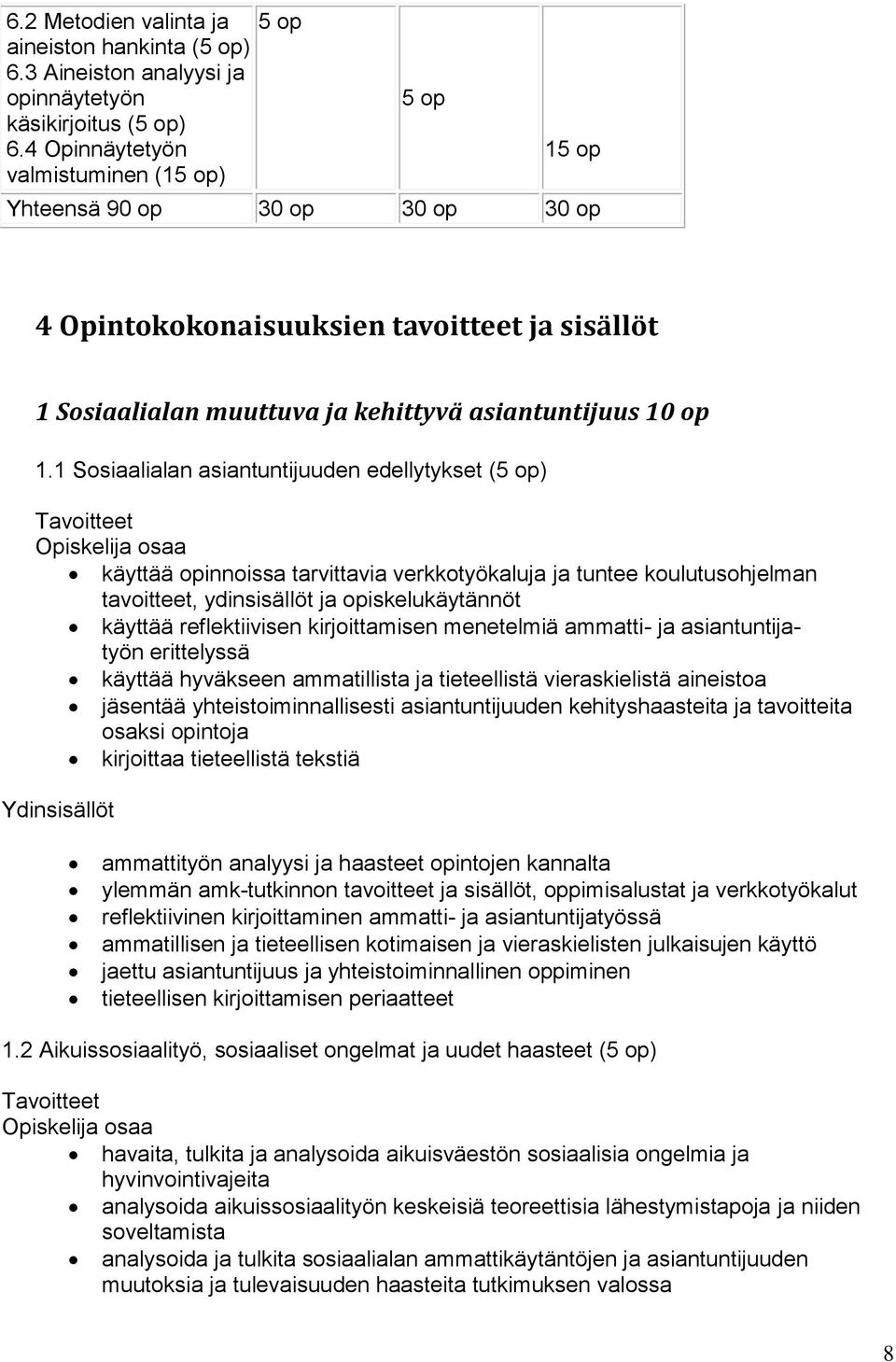 1 Sosiaalialan asiantuntijuuden edellytykset () käyttää opinnoissa tarvittavia verkkotyökaluja ja tuntee koulutusohjelman tavoitteet, ydinsisällöt ja opiskelukäytännöt käyttää reflektiivisen