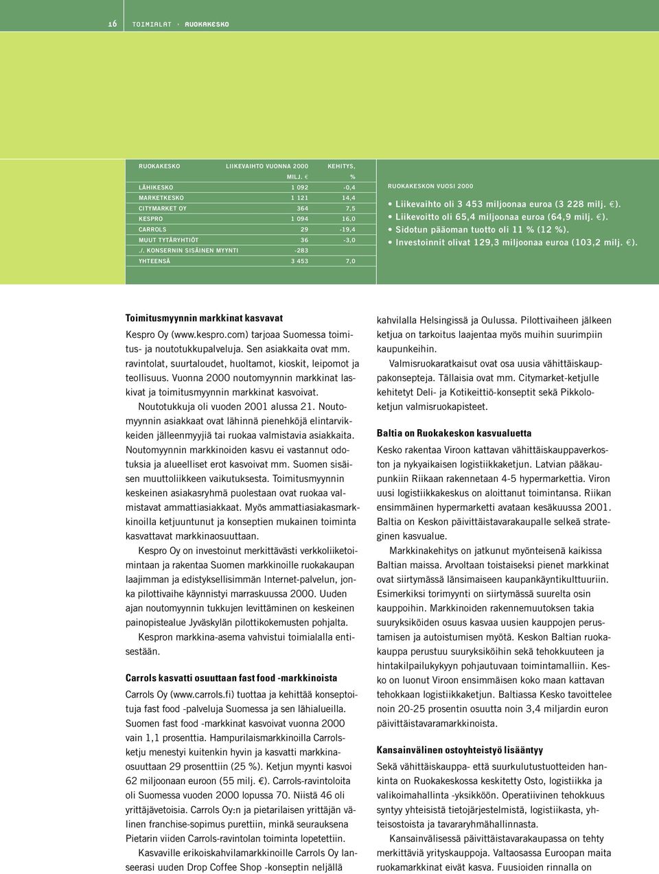 Investoinnit olivat 129,3 miljoonaa euroa (103,2 milj. ). Toimitusmyynnin markkinat kasvavat Kespro Oy (www.kespro.com) tarjoaa Suomessa toimitus- ja noutotukkupalveluja. Sen asiakkaita ovat mm.