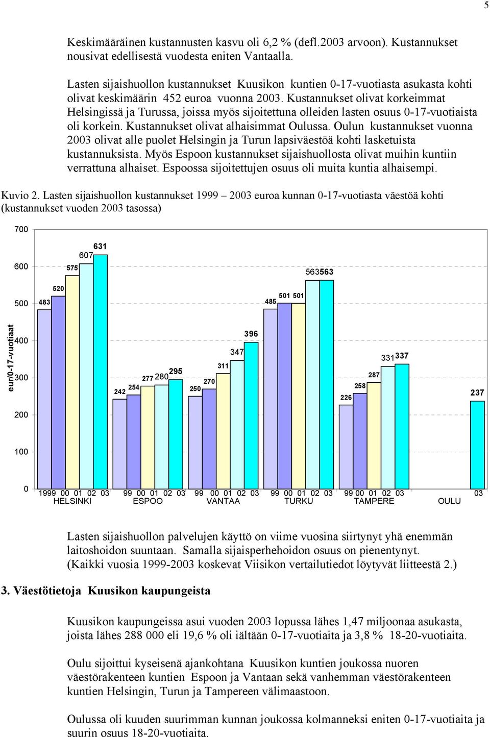 Kustannukset olivat korkeimmat Helsingissä ja Turussa, joissa myös sijoitettuna olleiden lasten osuus 0-17-vuotiaista oli korkein. Kustannukset olivat alhaisimmat Oulussa.