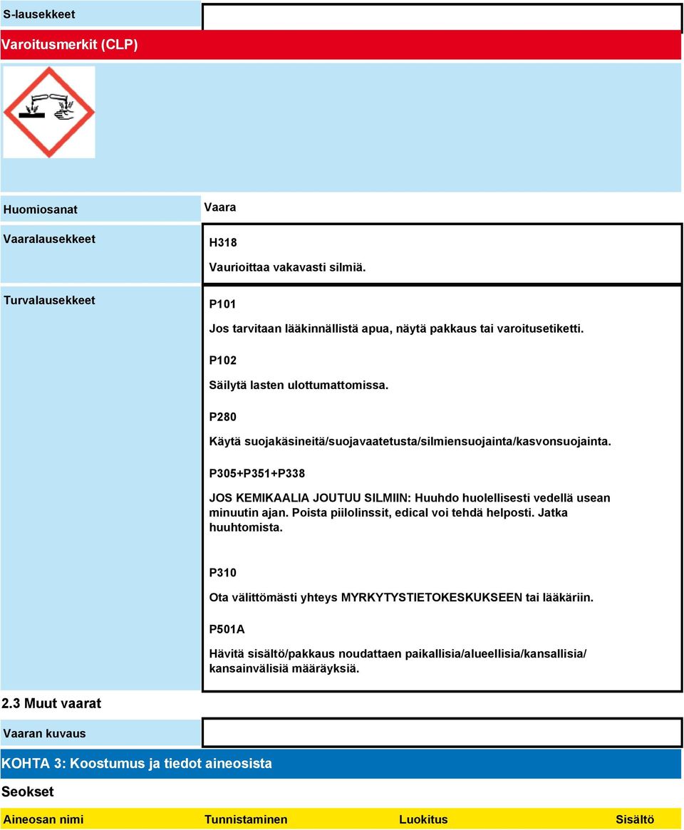 P280 Käytä suojakäsineitä/suojavaatetusta/silmiensuojainta/kasvonsuojainta. P305+P351+P338 JOS KEMIKAALIA JOUTUU SILMIIN: Huuhdo huolellisesti vedellä usean minuutin ajan.