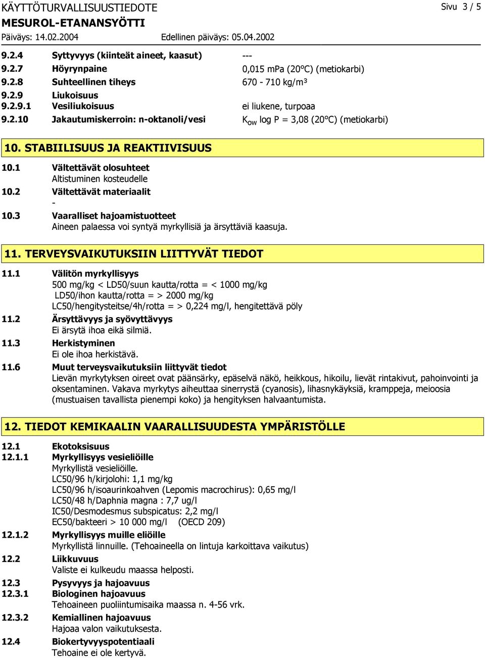 3 Vaaralliset hajoamistuotteet Aineen palaessa voi syntyä myrkyllisiä ja ärsyttäviä kaasuja. 11. TERVEYSVAIKUTUKSIIN LIITTYVÄT TIEDOT 11.