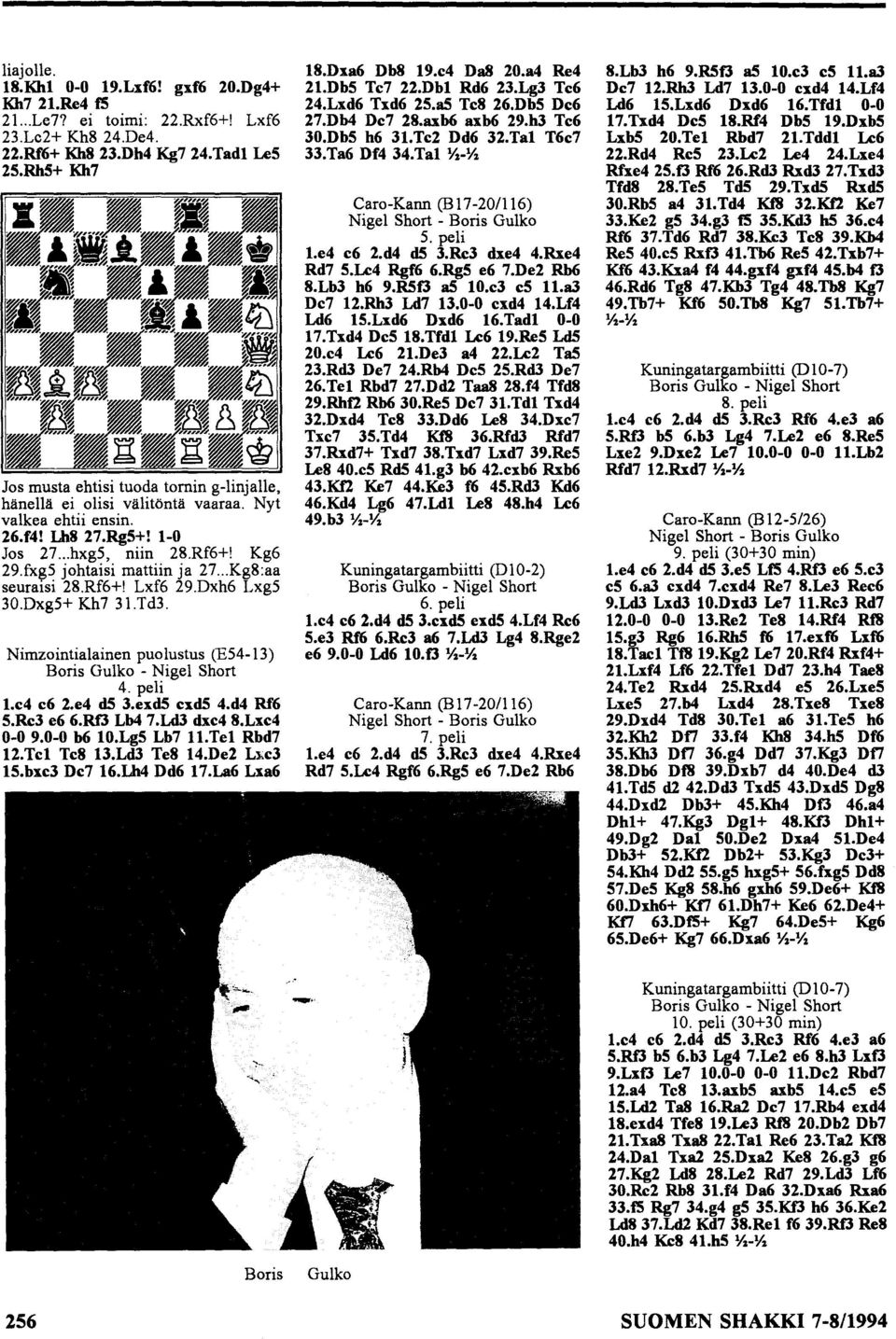 .. Kg8:aa seuralsi 28.Rf6+! Lxf6 29.Dxh6 Lxg5 30.Dxg5+ Kh7 31.Td3. Nimzointialainen puolustus (E54-13) Boris Gulko - Nigel Short 4. peli 1.e4 e6 2.e4 d5 3.exd5 cxd5 4.d4 Rf6 5.Re3 e6 6.Rf3 Lb4 7.