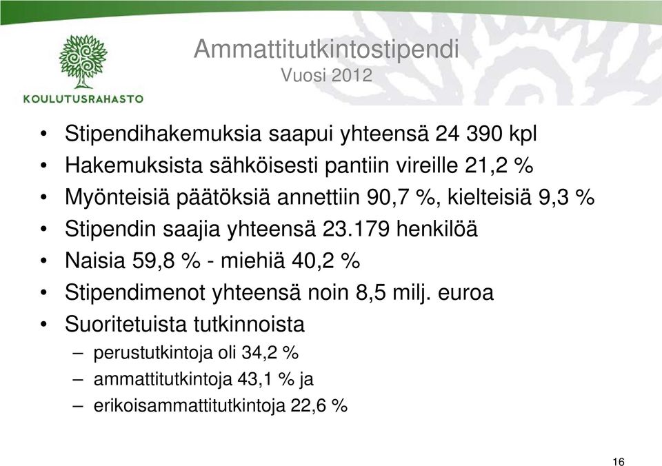 saajia yhteensä 23.179 henkilöä Naisia 59,8 % - miehiä 40,2 % Stipendimenot yhteensä noin 8,5 milj.