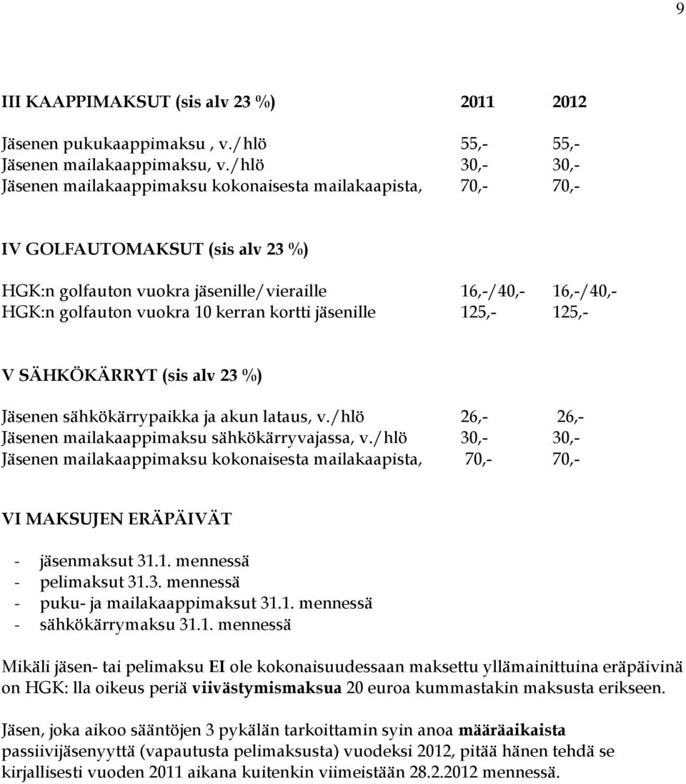 kerran kortti jäsenille 125,- 125,- V SÄHKÖKÄRRYT (sis alv 23 %) Jäsenen sähkökärrypaikka ja akun lataus, v./hlö 26,- 26,- Jäsenen mailakaappimaksu sähkökärryvajassa, v.