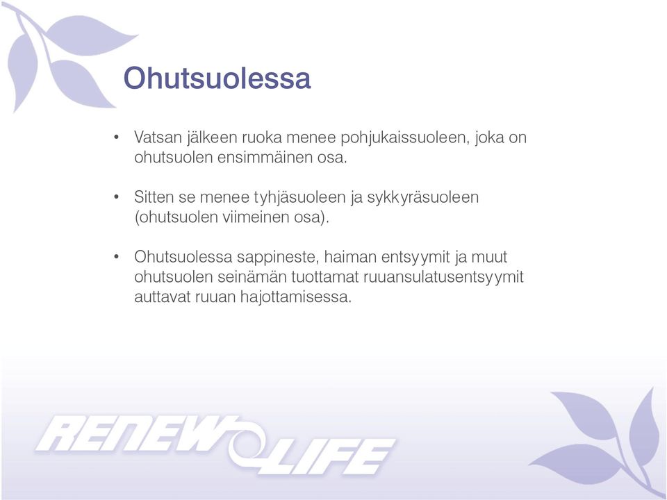 Sitten se menee tyhjäsuoleen ja sykkyräsuoleen (ohutsuolen viimeinen osa).