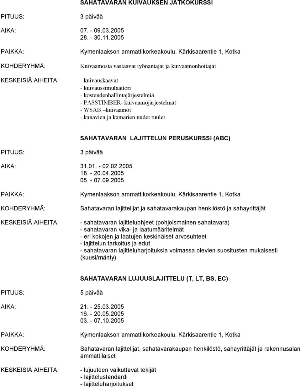 kamarien uudet tuulet SAHATAVARAN LAJITTELUN PERUSKURSSI (ABC) AIKA: 31.01. - 02.02.2005 18. - 20.04.2005 05. - 07.09.