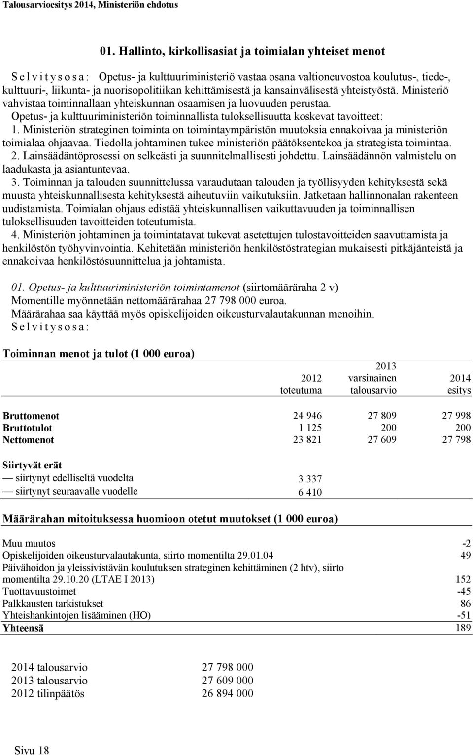 Opetus- ja kulttuuriministeriön toiminnallista tuloksellisuutta koskevat tavoitteet: 1. Ministeriön strateginen toiminta on toimintaympäristön muutoksia ennakoivaa ja ministeriön toimialaa ohjaavaa.