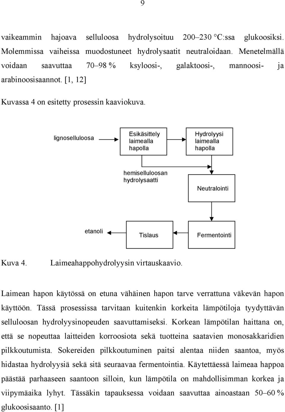 lignoselluloosa Esikäsittely laimealla hapolla Hydrolyysi laimealla hapolla hemiselluloosan hydrolysaatti Neutralointi etanoli Tislaus Fermentointi Kuva 4. Laimeahappohydrolyysin virtauskaavio.