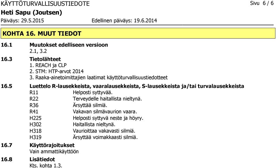 5 Luettelo Rlausekkeista, vaaralausekkeista, Slausekkeista ja/tai turvalausekkeista R11 Helposti syttyvää. R22 Terveydelle haitallista nieltynä.