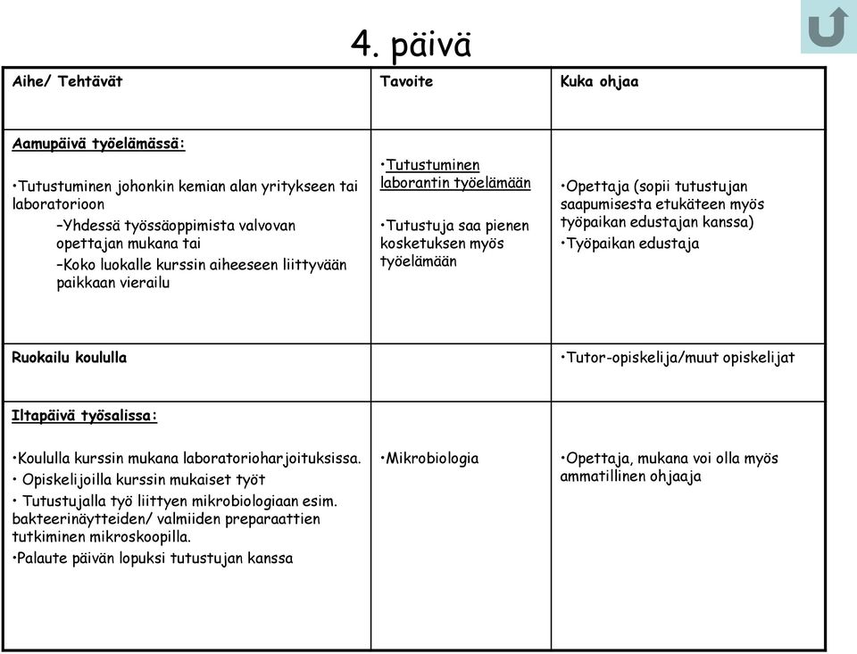 kanssa) Työpaikan edustaja koululla Tutor-opiskelija/muut opiskelijat Iltapäivä työsalissa: Koululla kurssin mukana laboratorioharjoituksissa.