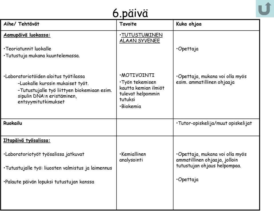 sipulin DNA:n eristäminen, entsyymitutkimukset MOTIVOINTI Työn tekemisen kautta kemian ilmiöt tulevat helpommin tutuksi Biokemia, mukana voi olla myös esim.