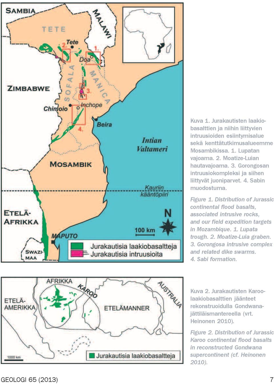 Distribution of Jurassic continental flood basalts, associated intrusive rocks, and our field expedition targets in Mozambique. 1. Lupata trough. 2. Moatize-Luia graben. 3.