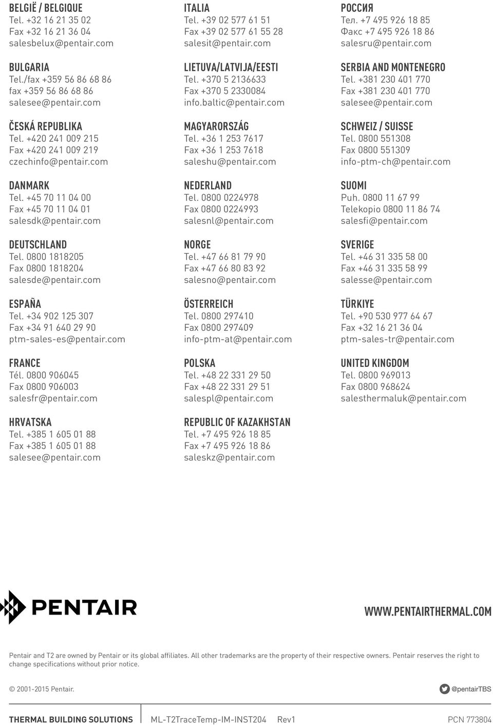 com España Tel. +34 902 125 307 Fax +34 91 640 29 90 ptm-sales-es@pentair.com France Tél. 0800 906045 Fax 0800 906003 salesfr@pentair.com Hrvatska Tel.