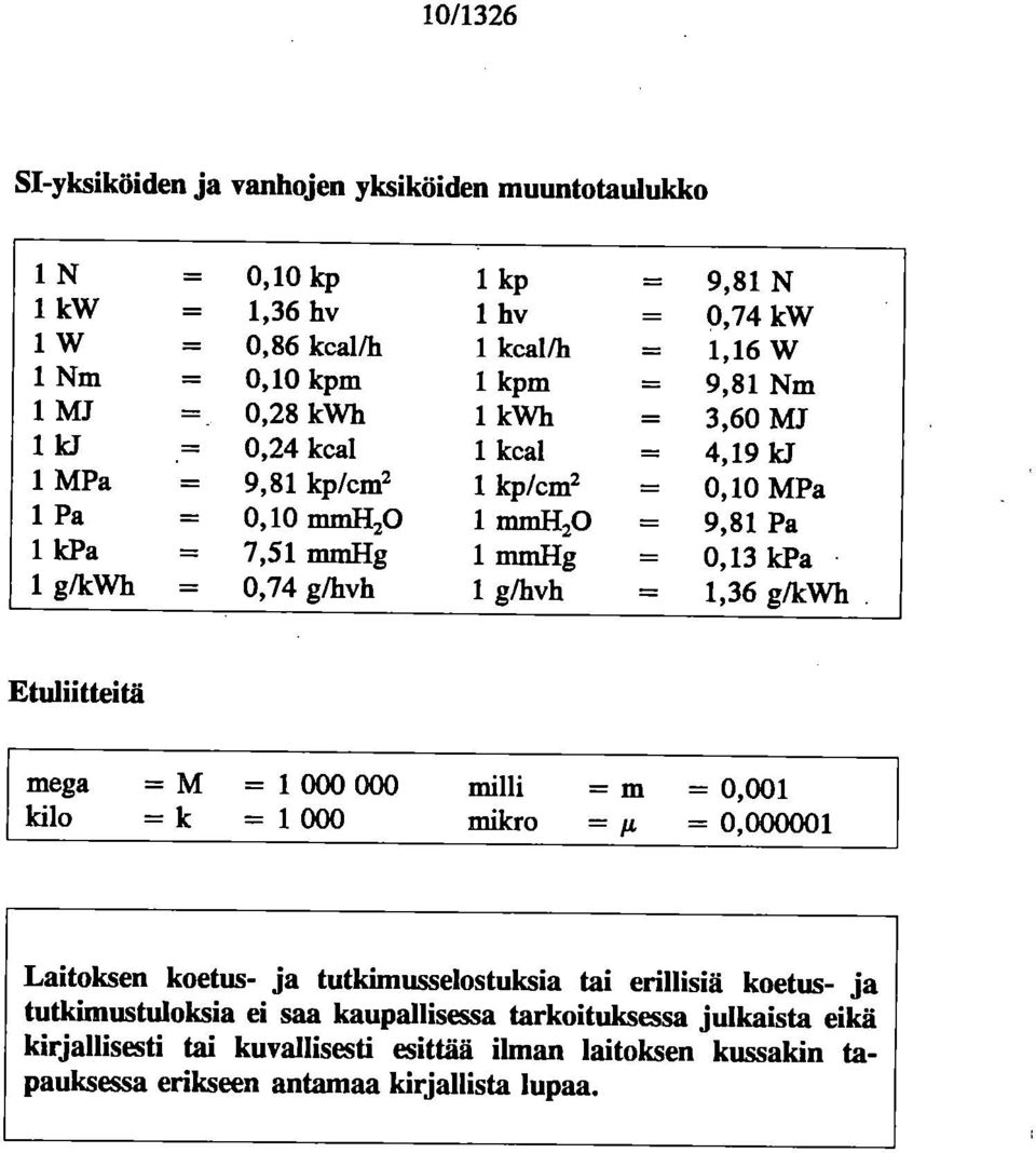 g/kwh = 0,74 g/hvh 1 g/hvh = 1,36 g/kwh Etuliitteitä mega =M = 1 000 000 milli kilo =k = 1 000 mikro = = = 0,001 = 0,000001 Laitoksen koetus- ja tutkiinusselostuksia tai erillisiä