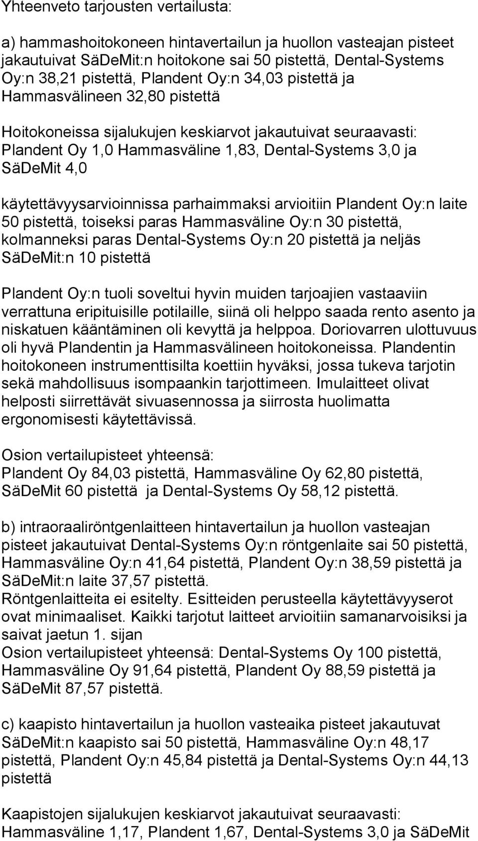 käytettävyysarvioinnissa parhaimmaksi arvioitiin Plandent Oy:n laite 50 pistettä, toiseksi paras Hammasväline Oy:n 30 pistettä, kolmanneksi paras Dental-Systems Oy:n 20 pistettä ja neljäs SäDeMit:n