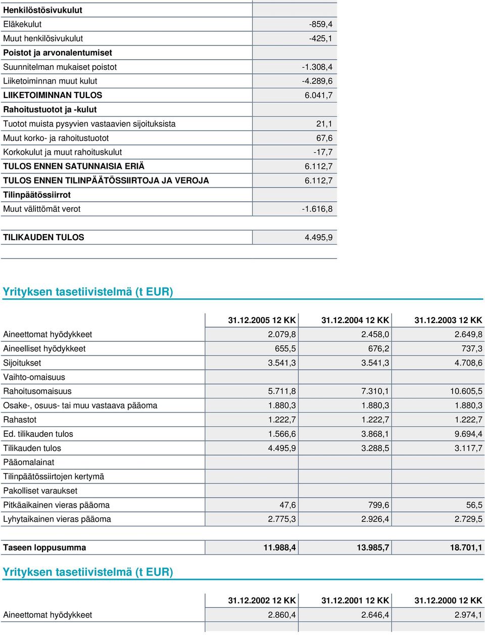 112,7 TULOS ENNEN TILINPÄÄTÖSSIIRTOJA JA VEROJA 6.112,7 Tilinpäätössiirrot Muut välittömät verot -1.616,8 TILIKAUDEN TULOS 4.495,9 Yrityksen tasetiivistelmä (t EUR) 31.12.2005 12 KK 31.12.2004 12 KK 31.