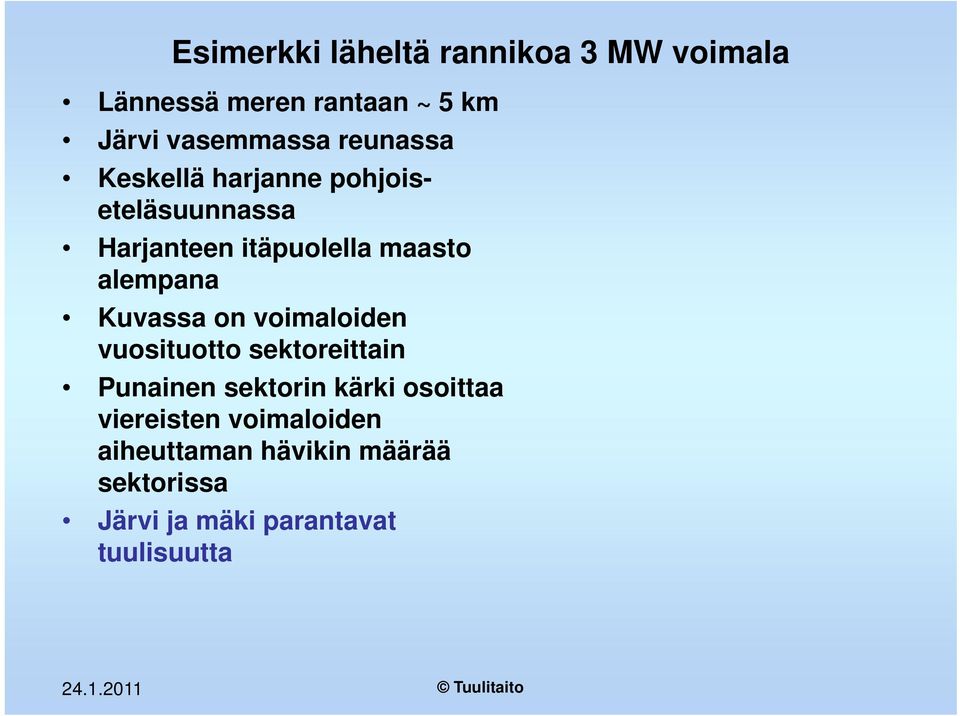 Kuvassa on voimaloiden vuosituotto sektoreittain Punainen sektorin kärki osoittaa