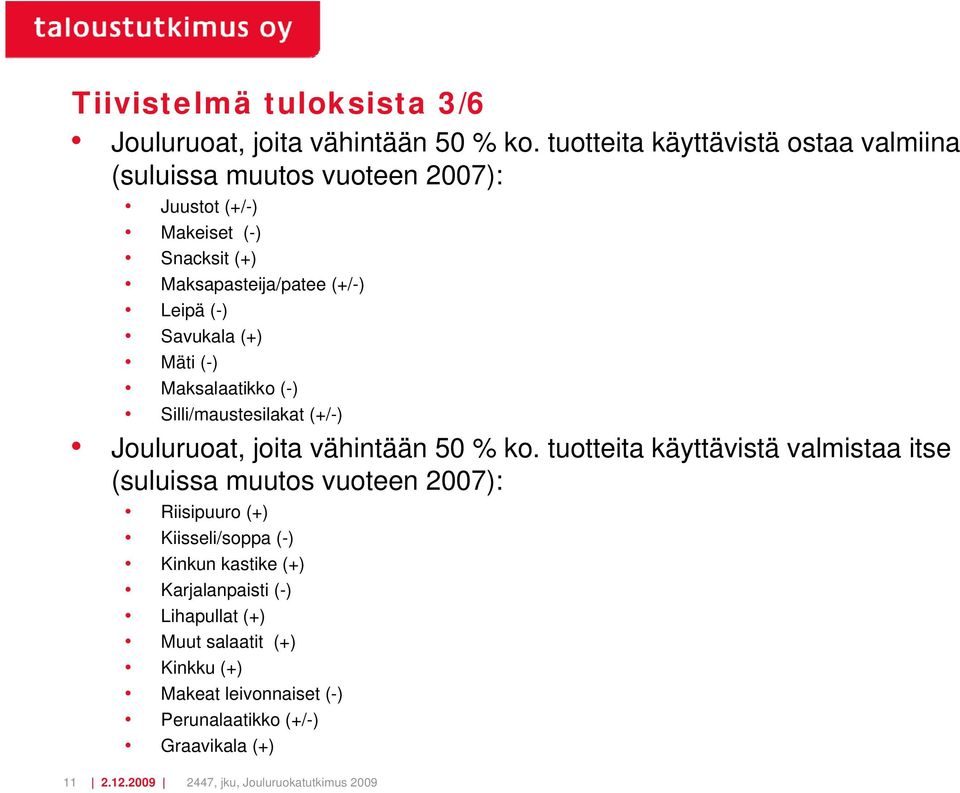 Savukala (+) Mäti (-) Maksalaatikko (-) Silli/maustesilakat (+/-) Jouluruoat, joita vähintään 5 ko.