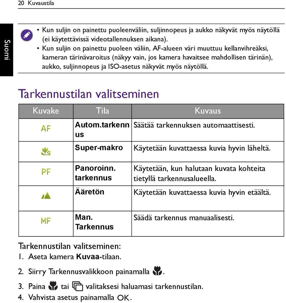 myös näytöllä. Tarkennustilan valitseminen Kuvake Tila Kuvaus Autom.tarkenn Säätää tarkennuksen automaattisesti. us Super-makro Käytetään kuvattaessa kuvia hyvin läheltä. Panoroinn.
