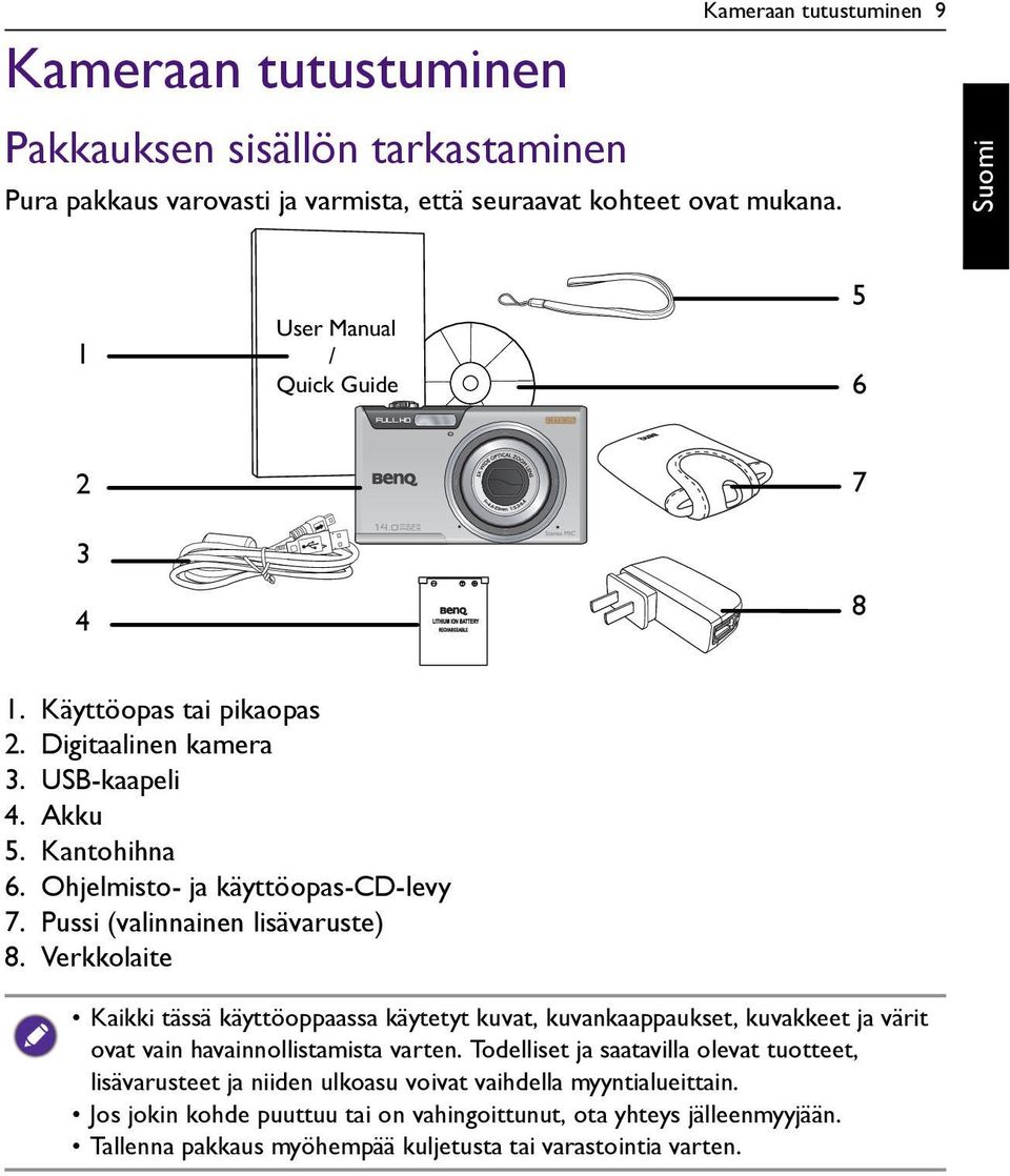 Pussi (valinnainen lisävaruste) 8. Verkkolaite Kaikki tässä käyttöoppaassa käytetyt kuvat, kuvankaappaukset, kuvakkeet ja värit ovat vain havainnollistamista varten.