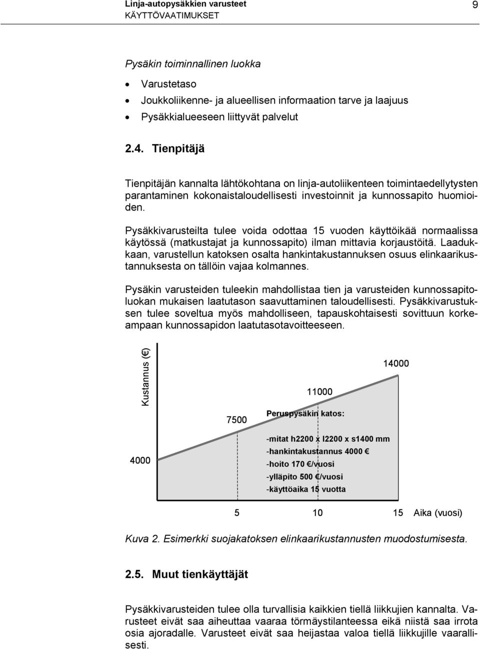 Pysäkkivarusteilta tulee voida odottaa 15 vuoden käyttöikää normaalissa käytössä (matkustajat ja kunnossapito) ilman mittavia korjaustöitä.