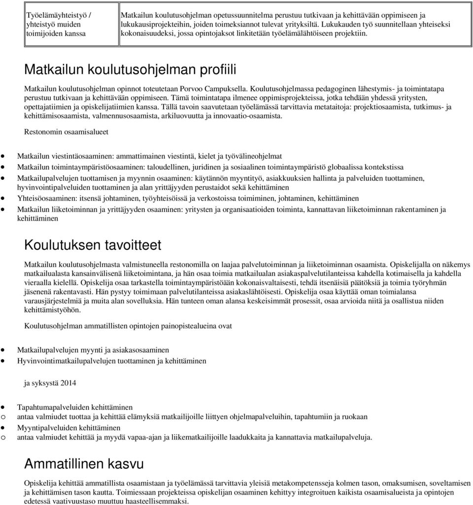 Matkailun koulutusohjelman profiili Matkailun koulutusohjelman opinnot toteutetaan Porvoo Campuksella.