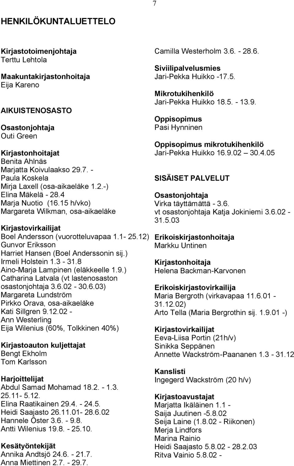 12) Gunvor Eriksson Harriet Hansen (Boel Anderssonin sij.) Irmeli Holstein 1.3-31.8 Aino-Marja Lampinen (eläkkeelle 1.9.) Catharina Latvala (vt lastenosaston osastonjohtaja 3.6.