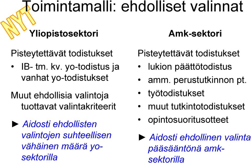 valintojen suhteellisen vähäinen määrä yosektorilla Amk-sektori Pisteytettävät todistukset lukion päättötodistus