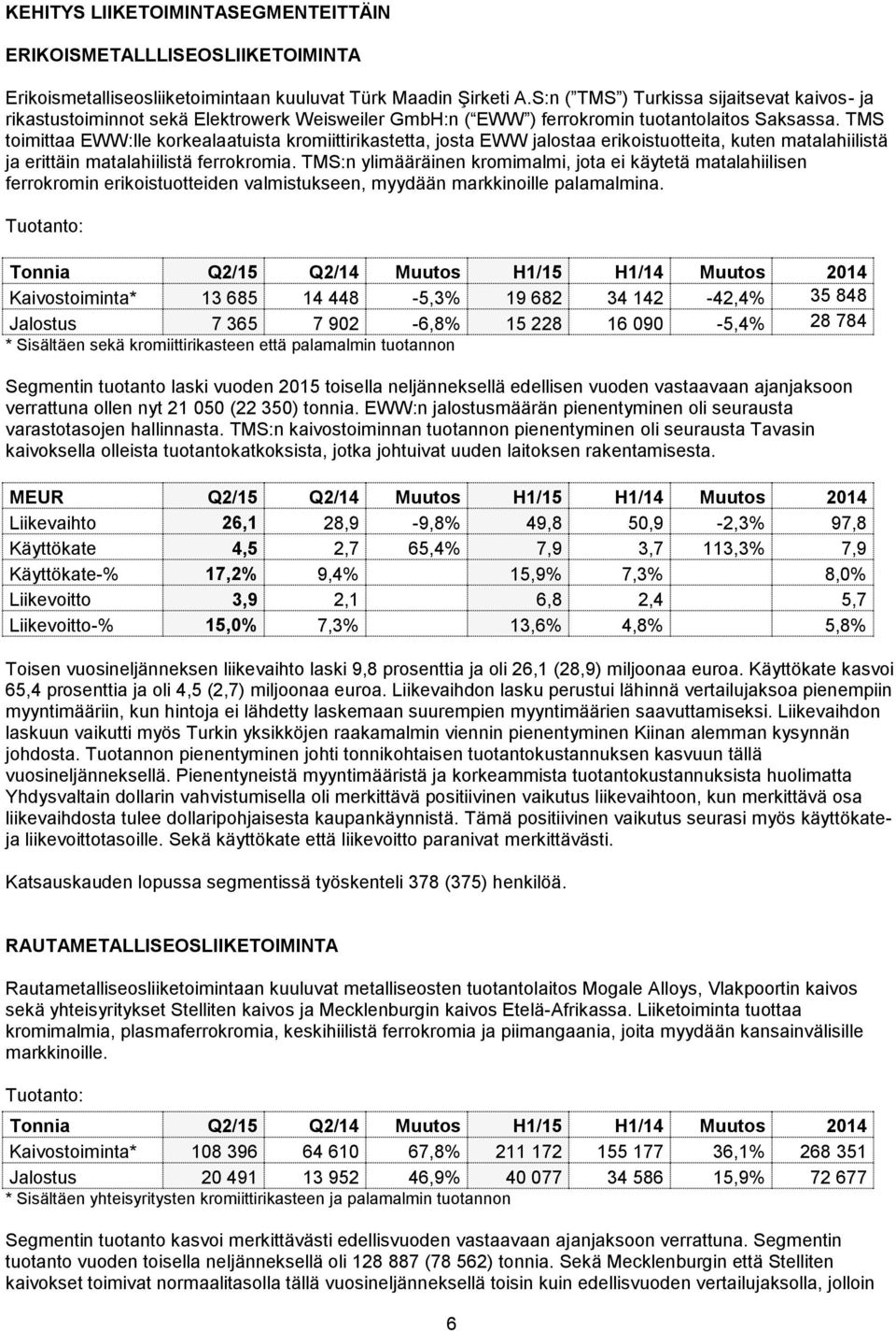 TMS toimittaa EWW:lle korkealaatuista kromiittirikastetta, josta EWW jalostaa erikoistuotteita, kuten matalahiilistä ja erittäin matalahiilistä ferrokromia.