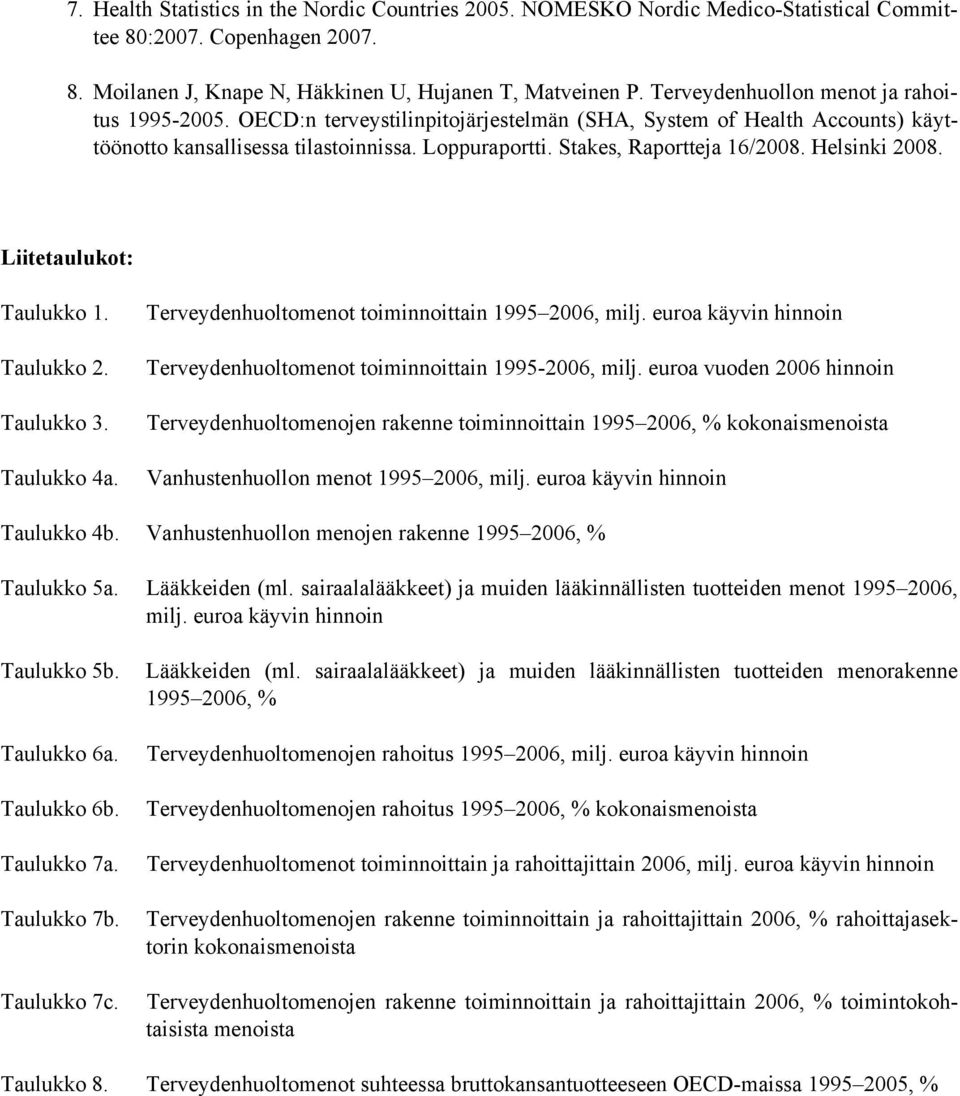 Helsinki 2008. Liitetaulukot: Taulukko 1. Taulukko 2. Taulukko 3. Taulukko 4a. Terveydenhuoltomenot toiminnoittain 1995 2006, milj.