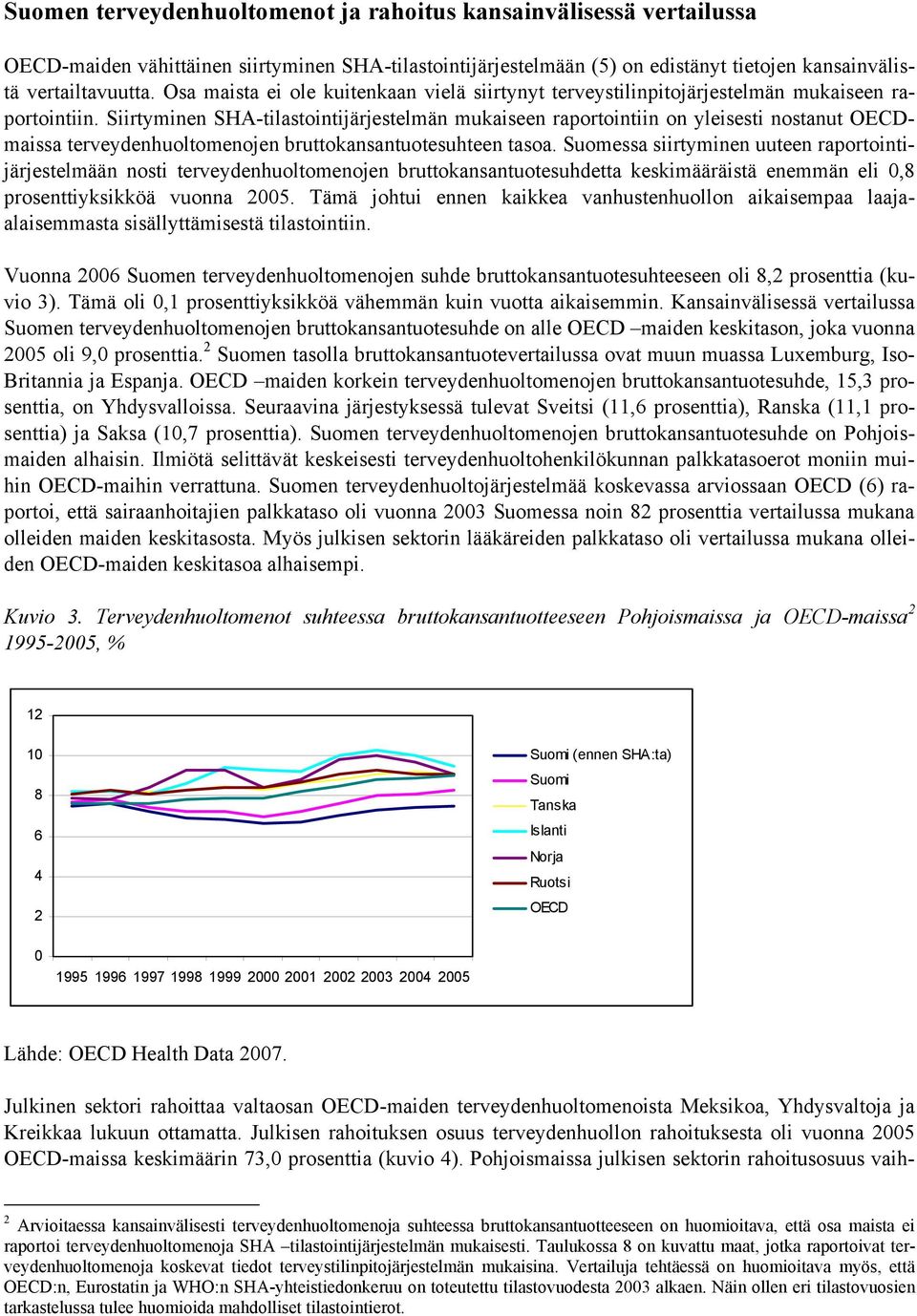 Siirtyminen SHA-tilastointijärjestelmän mukaiseen raportointiin on yleisesti nostanut OECDmaissa terveydenhuoltomenojen bruttokansantuotesuhteen tasoa.